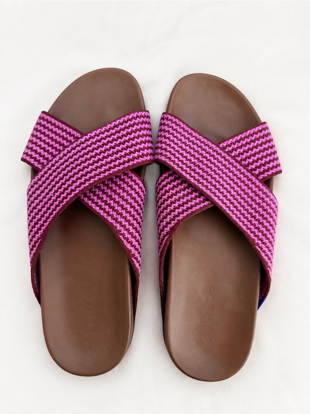 Rothy's Pink and Magenta Cross-Over Slide Sandals
